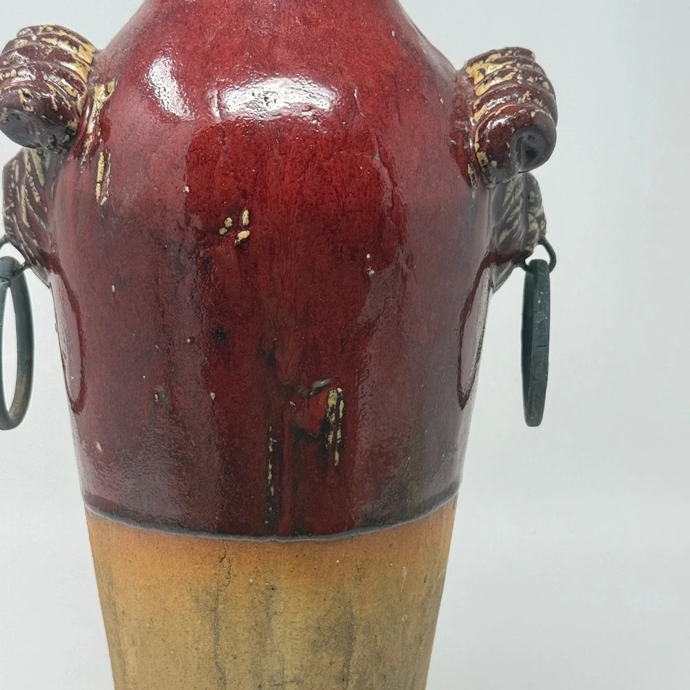 Rustic Red Lion Head Vase Glazed Metal Ring Handles 15.5